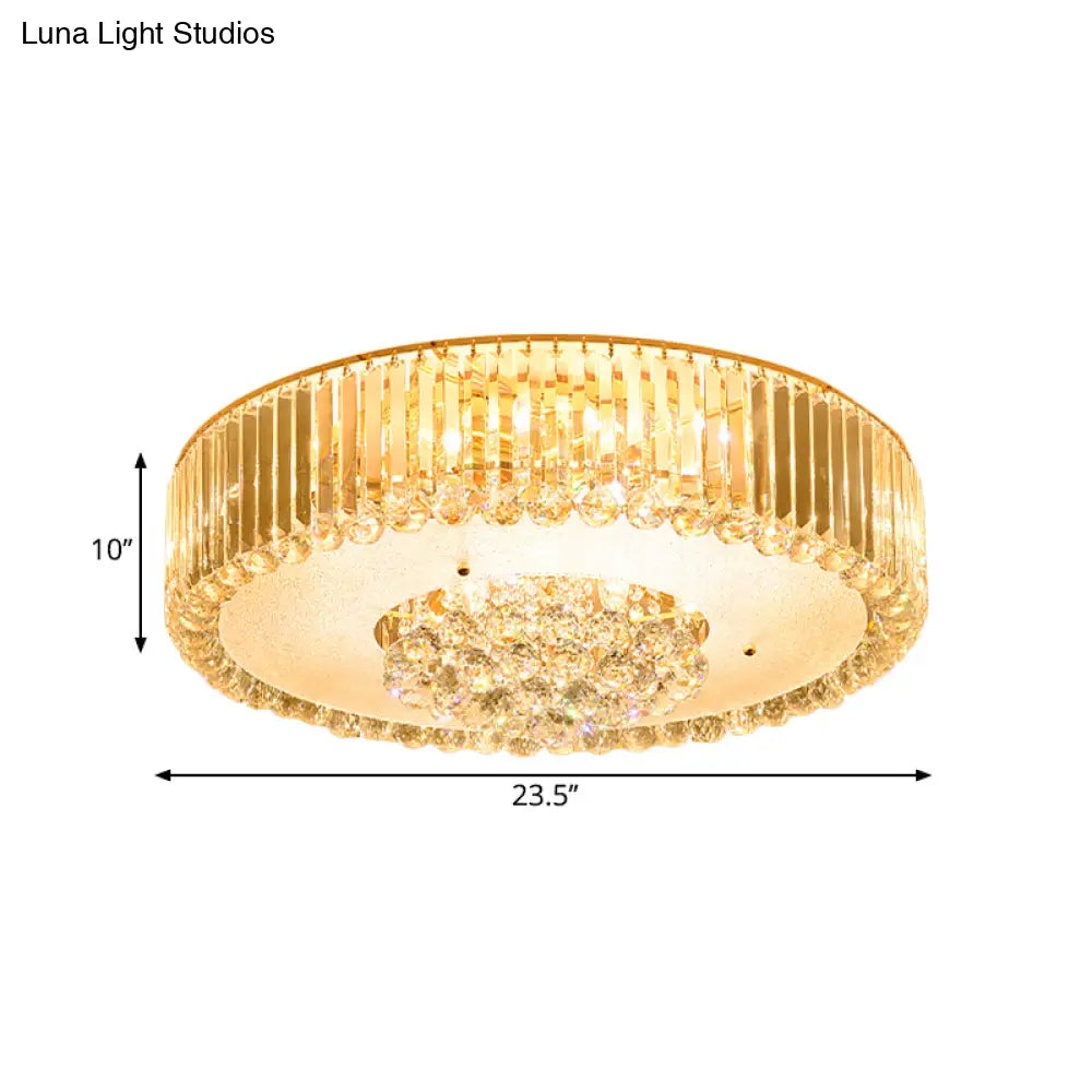 Minimal Led Gold Drum Flush Mount Lamp With Faceted Crystal Ideal For Bedroom Ceiling Lighting
