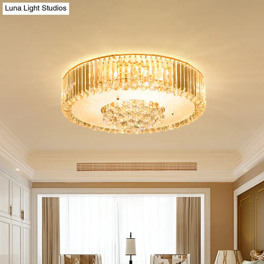 Minimal Led Gold Drum Flush Mount Lamp With Faceted Crystal Ideal For Bedroom Ceiling Lighting