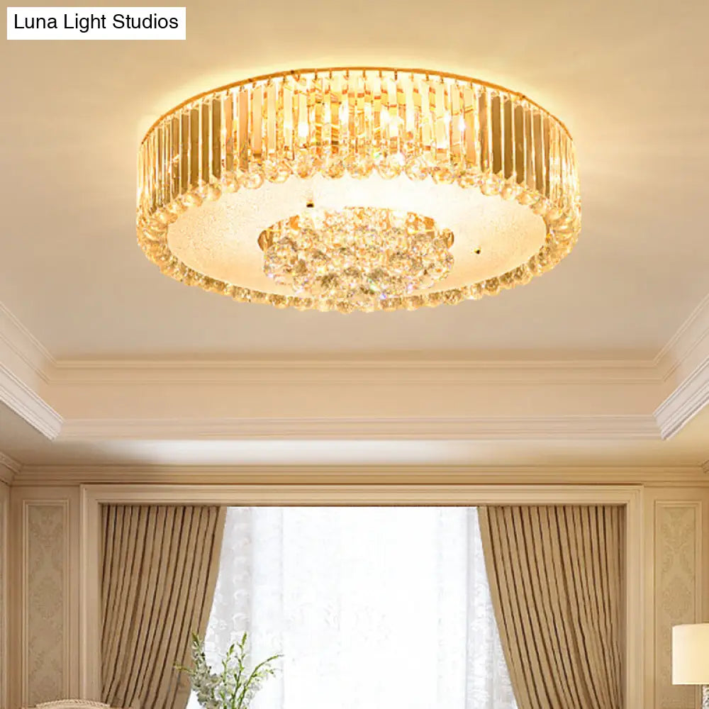 Minimal Led Gold Drum Flush Mount Lamp With Faceted Crystal Ideal For Bedroom Ceiling Lighting