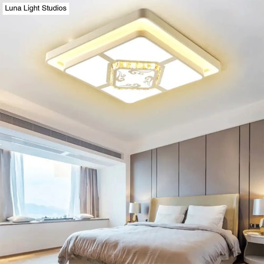 Minimal Led White Flush Mount Ceiling Light For Living Room - Crystal Square/Rectangular Lamp