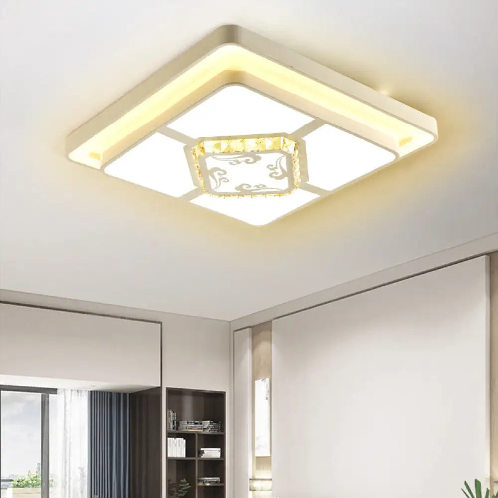 Minimal Led White Flush Mount Ceiling Light For Living Room - Crystal Square/Rectangular Lamp /