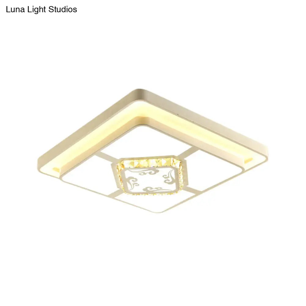 Minimal Led White Flush Mount Ceiling Light For Living Room - Crystal Square/Rectangular Lamp
