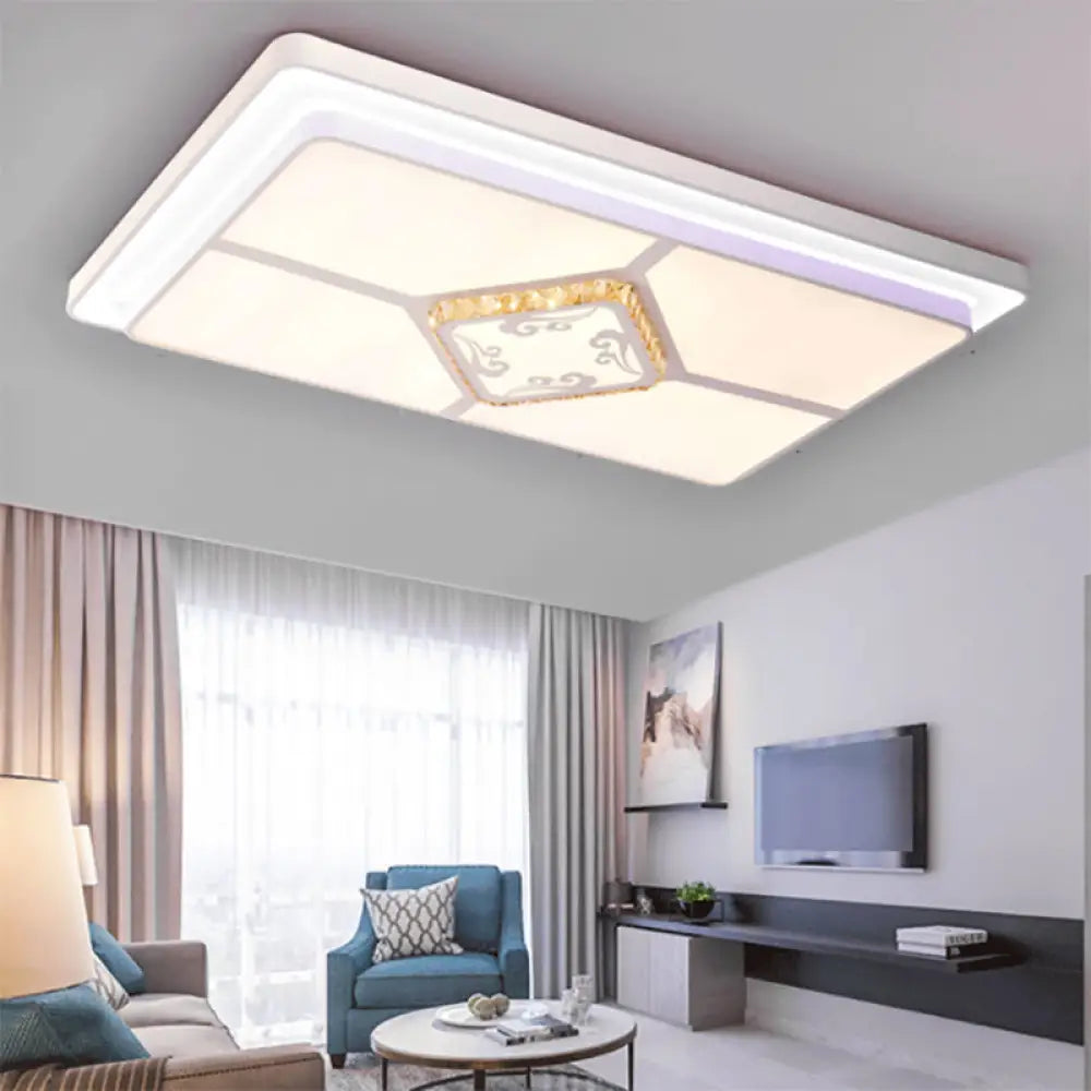 Minimal Led White Flush Mount Ceiling Light For Living Room - Crystal Square/Rectangular Lamp /