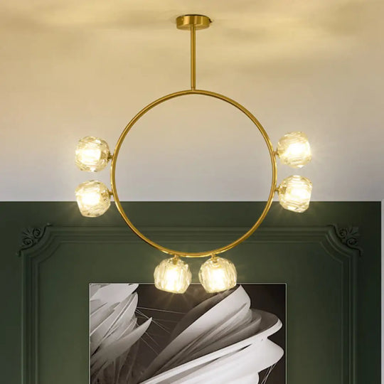 Minimal Loop Semi Flush Metal 3/6 Head Led Ceiling Light In Gold With Crystal Shade 6 /