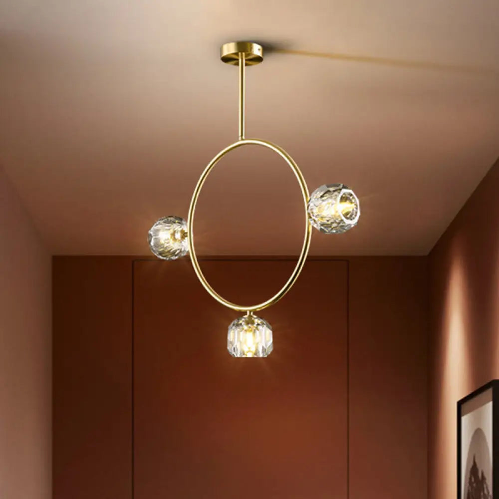 Minimal Loop Semi Flush Metal 3/6 Head Led Ceiling Light In Gold With Crystal Shade 3 /