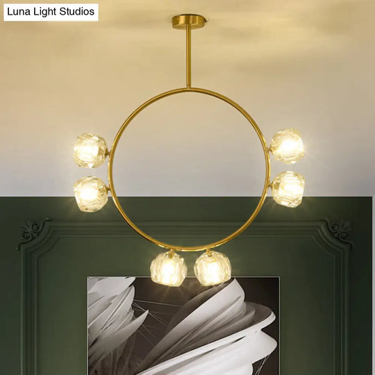 Minimal Loop Semi Flush Metal 3/6 Head Led Ceiling Light In Gold With Crystal Shade 6 /