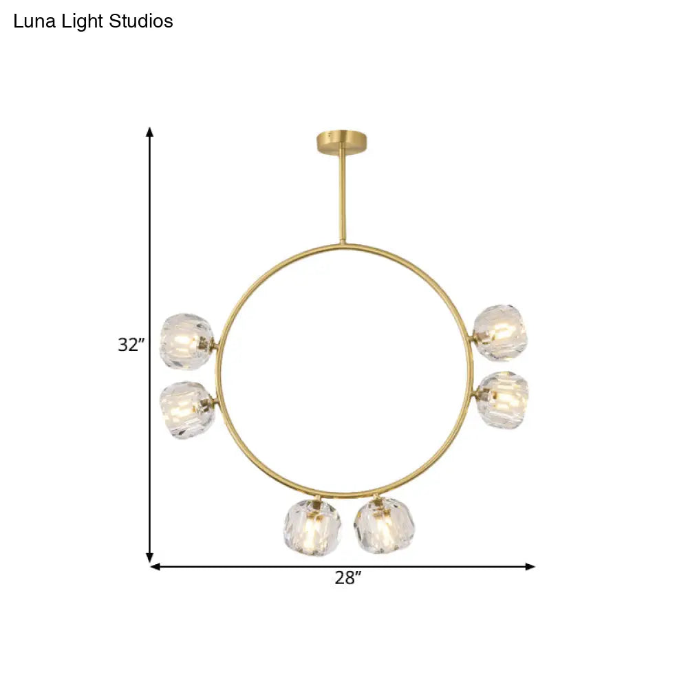 Minimal Loop Semi Flush Metal 3/6 Head Led Ceiling Light In Gold With Crystal Shade