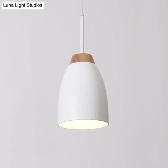 Bell Drop Pendant Light - Minimal Metal Fixture White/Black With Wood Accent Perfect For Table