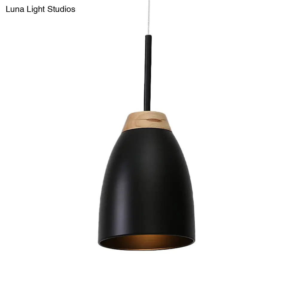 Minimal Metal Pendant Light With Bell Drop Design - White/Black And Wood Finish Ideal For Table Or