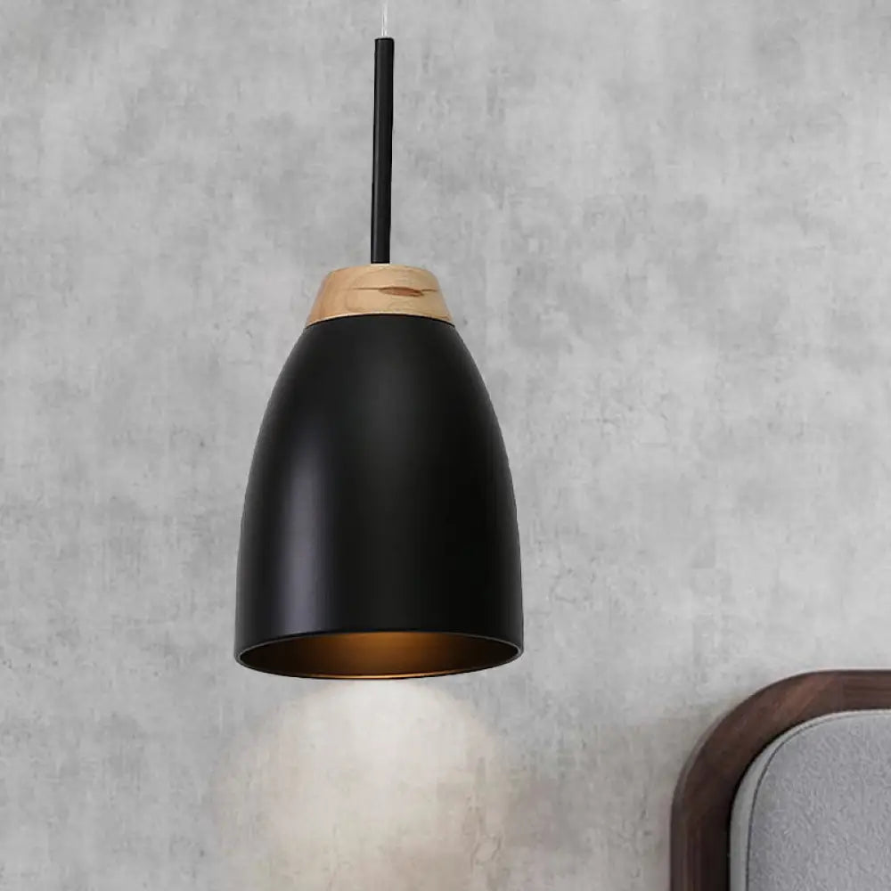 Minimal Metal Pendant Light With Bell Drop Design - White/Black And Wood Finish Ideal For Table Or