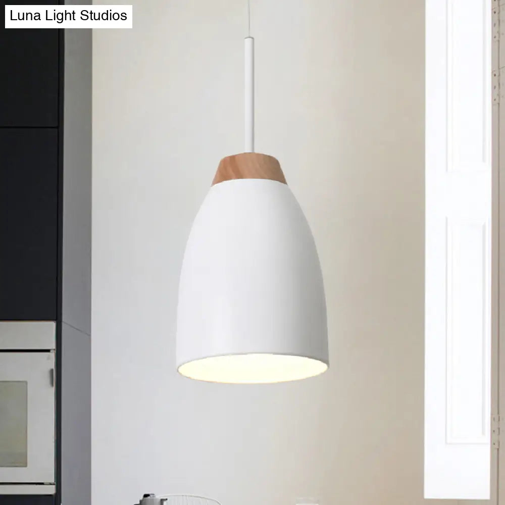 Bell Drop Pendant Light - Minimal Metal Fixture White/Black With Wood Accent Perfect For Table White