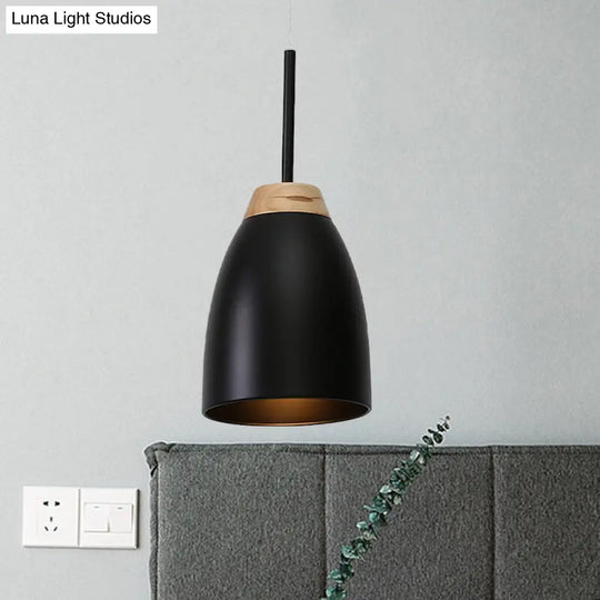 Bell Drop Pendant Light - Minimal Metal Fixture White/Black With Wood Accent Perfect For Table