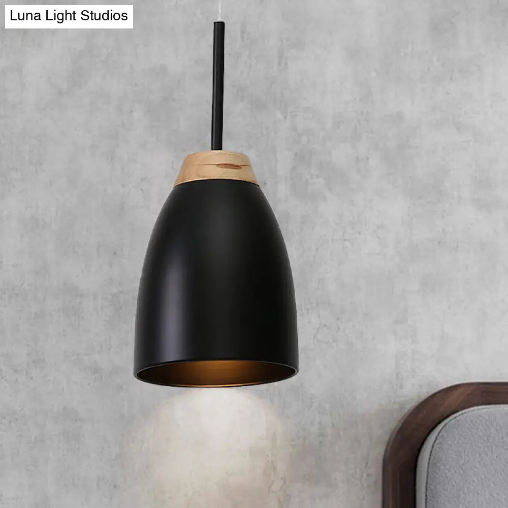 Bell Drop Pendant Light - Minimal Metal Fixture White/Black With Wood Accent Perfect For Table Black