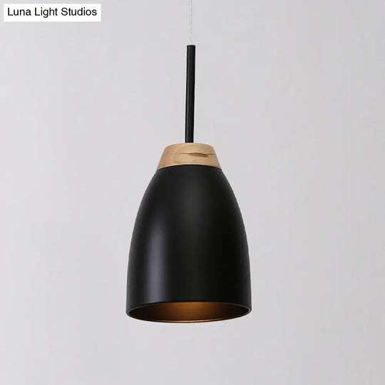 Bell Drop Pendant Light - Minimal Metal Fixture White/Black With Wood Accent Perfect For Table