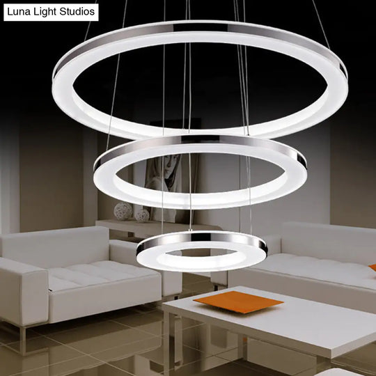 Minimal Silver Circle Led Pendant Chandelier - 3 Lights Acrylic Small/Large Warm/White Light / Small