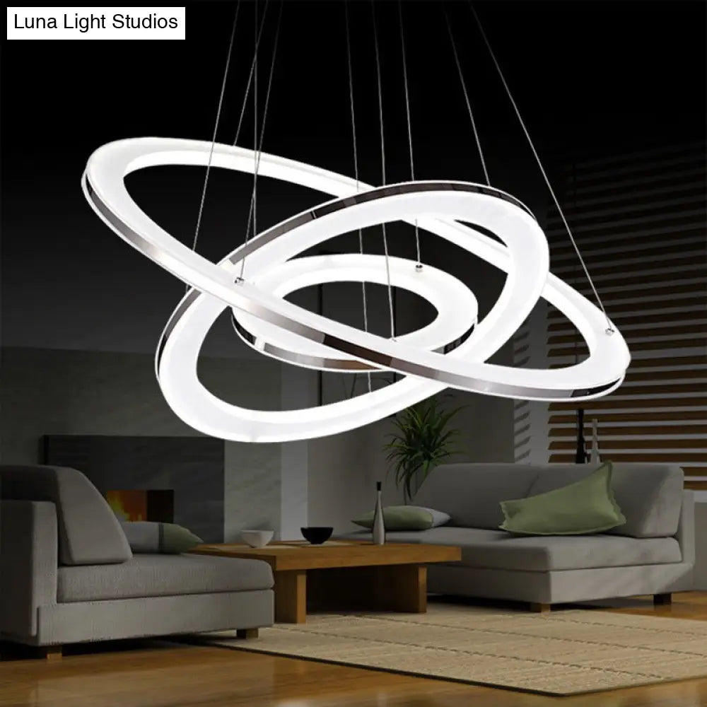 Minimal Silver Circle Led Pendant Chandelier - 3 Lights Acrylic Small/Large Warm/White Light