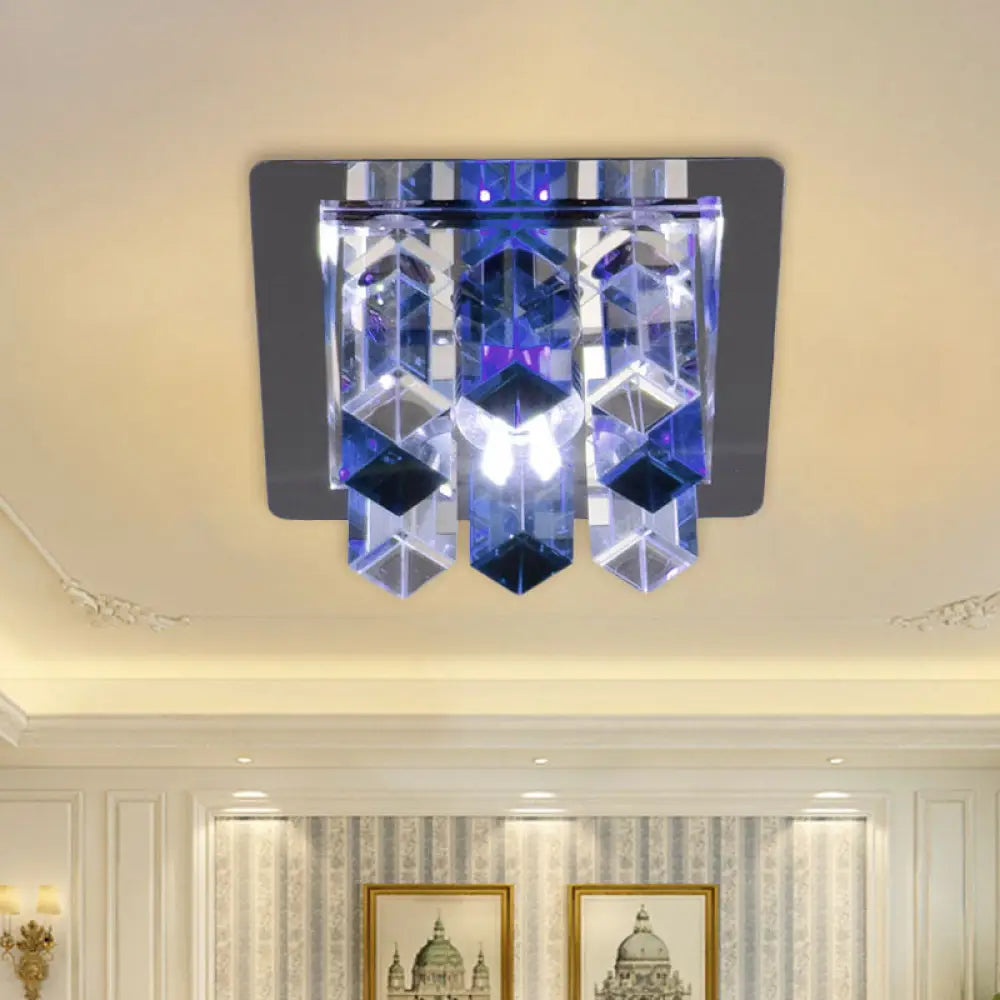 Minimal Square Led Flush Mount Light With Crystal Block - Blue/Clear/Tan Ideal For Hallway Ceiling
