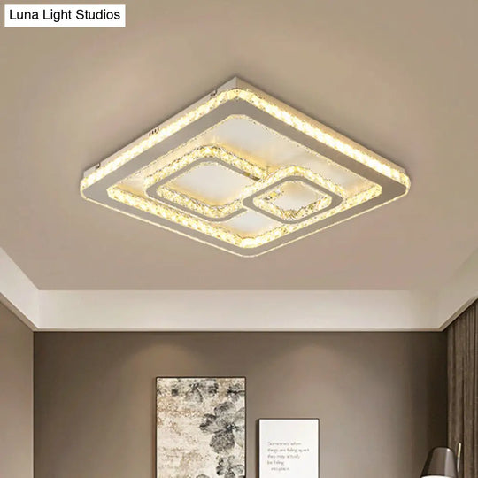 Minimal Squared Crystal Block Led Ceiling Lamp For Bedroom - Nickel Flushmount Light
