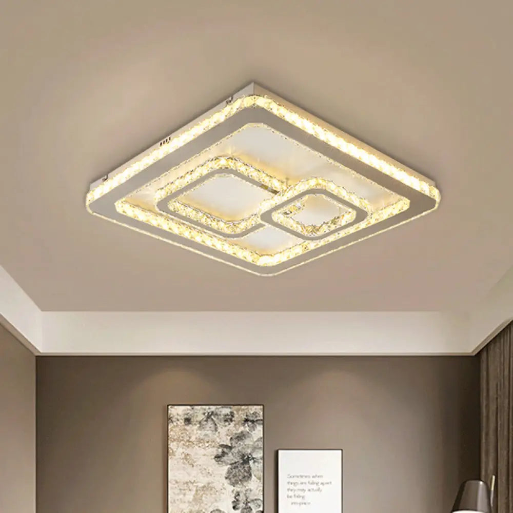 Minimal Squared Crystal Block Led Ceiling Lamp For Bedroom - Nickel Flushmount Light
