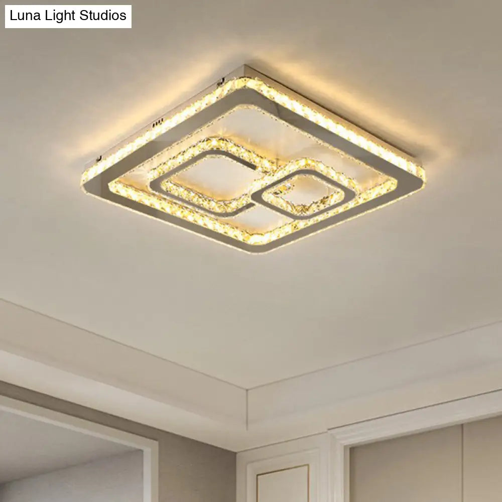 Minimal Squared Crystal Block Led Ceiling Lamp For Bedroom - Nickel Flushmount Light