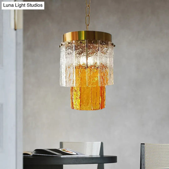 Minimal Style 2-Tiered Yellow Glass Pendant Lamp - Dining Room Hanging Light Fixture With Textured