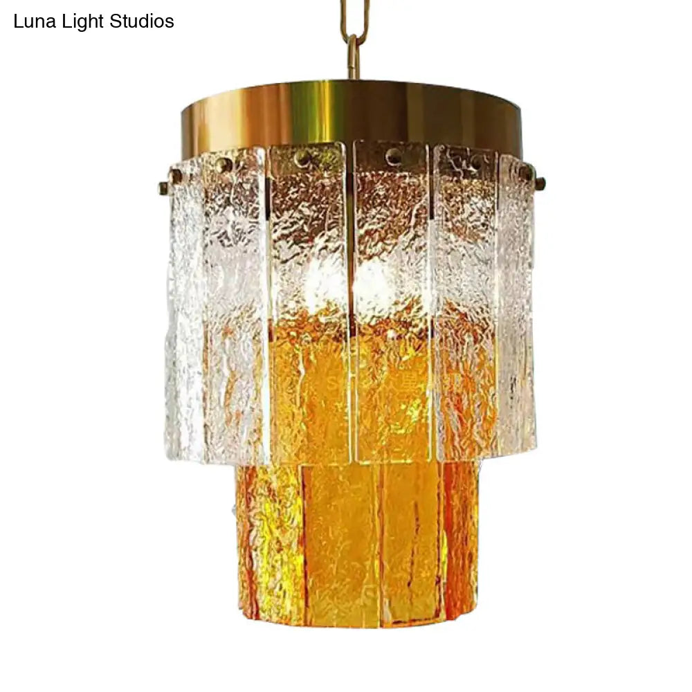 Minimalistic 2-Tiered Hanging Pendant Lamp - Yellow Textured Glass Dining Room Light Fixture