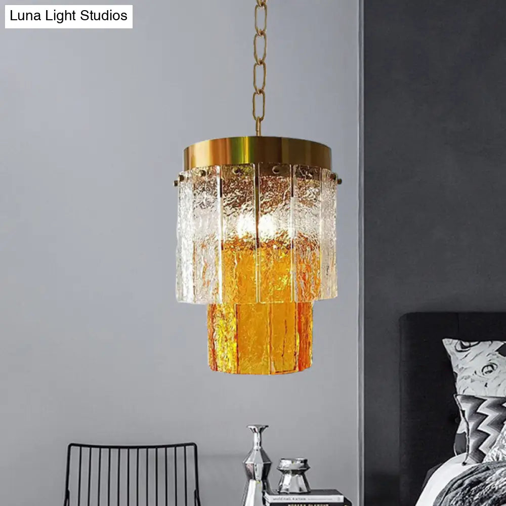 Minimalistic 2-Tiered Hanging Pendant Lamp - Yellow Textured Glass Dining Room Light Fixture