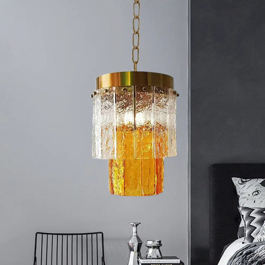 Minimal Style 2-Tiered Yellow Glass Pendant Lamp - Dining Room Hanging Light Fixture With Textured