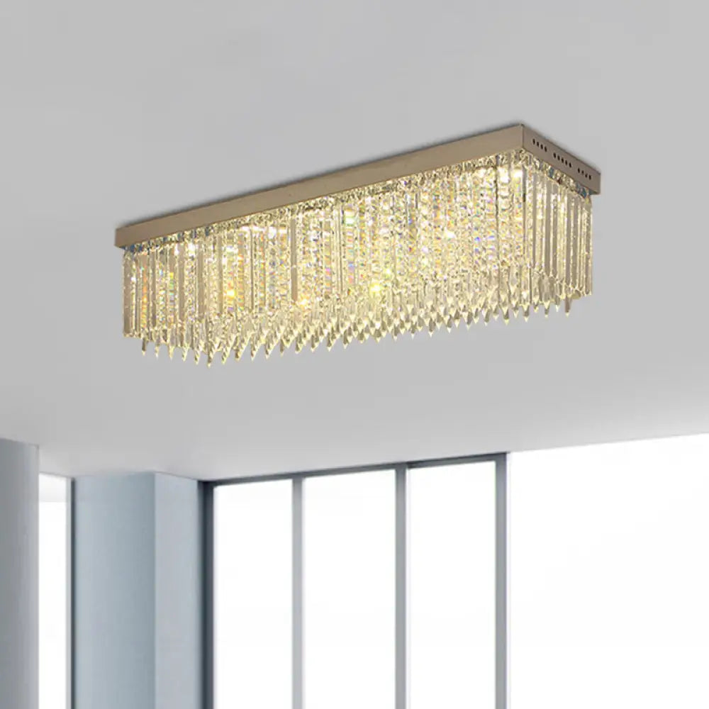 Minimal Style Clear Crystal Rectangle Flush Light With 10 Heads - Nickel Ceiling Mounted Fixture