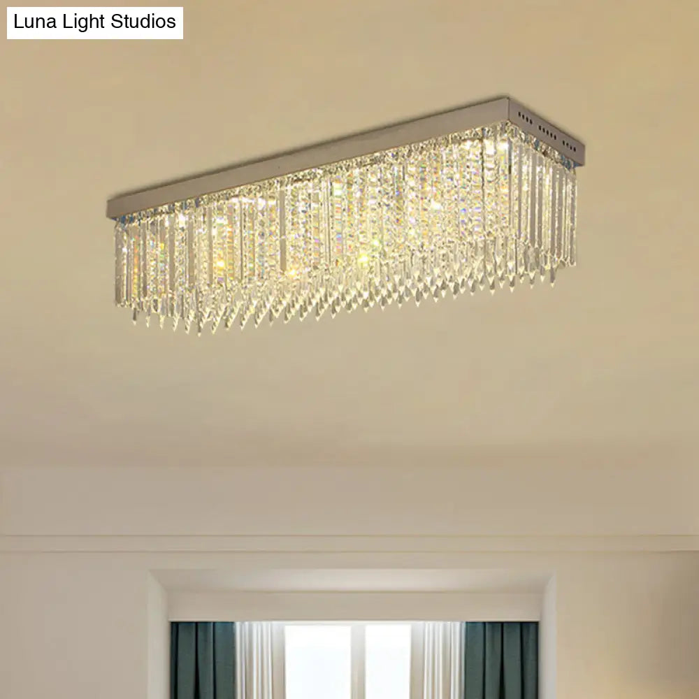 Minimal Style Clear Crystal Rectangle Flush Light With 10 Heads - Nickel Ceiling Mounted Fixture