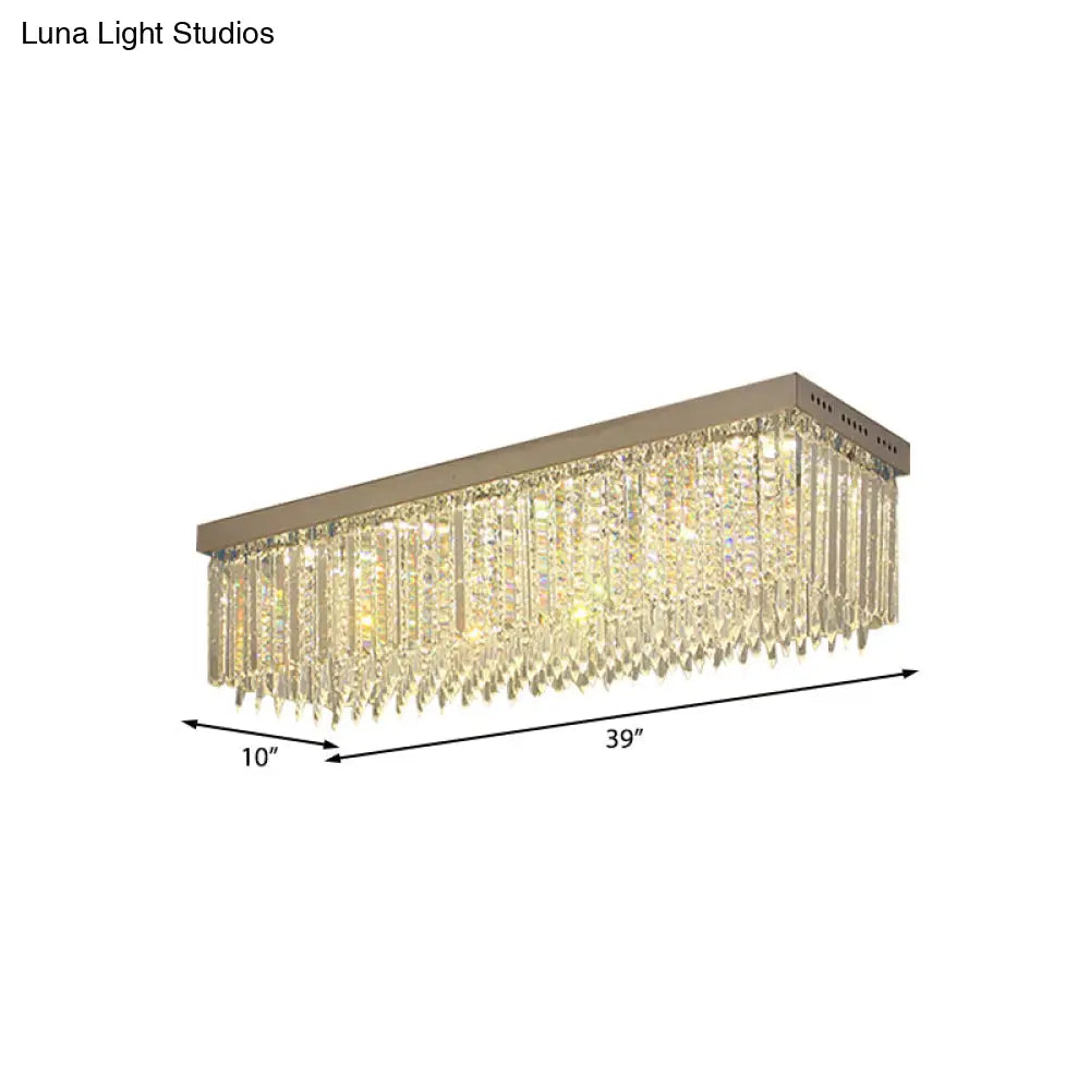 Minimal Style Clear Crystal Rectangle Flush Light With 10 Heads - Nickel Ceiling Mounted Fixture