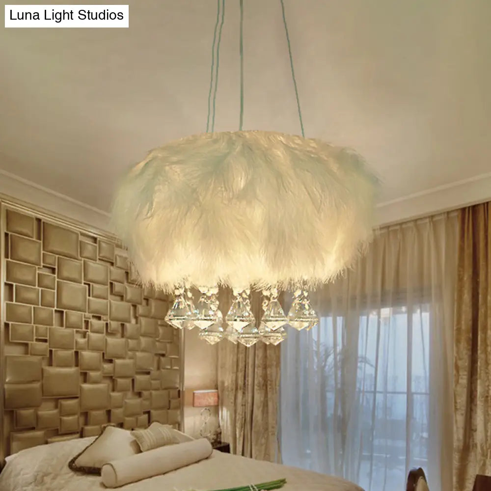 Minimal White Round Ceiling Lamp: Single Light Fluff Pendant With Crystal Droplet