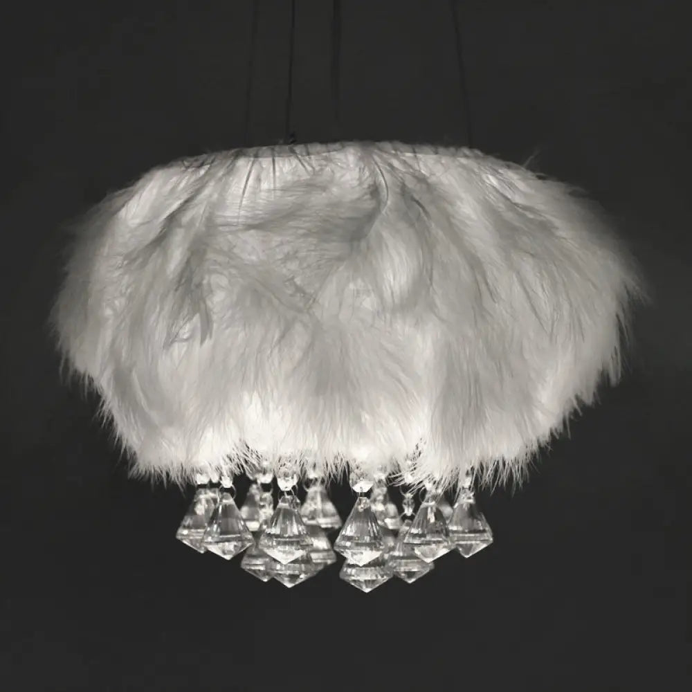 Minimal White Round Ceiling Lamp: Single Light Fluff Pendant With Crystal Droplet