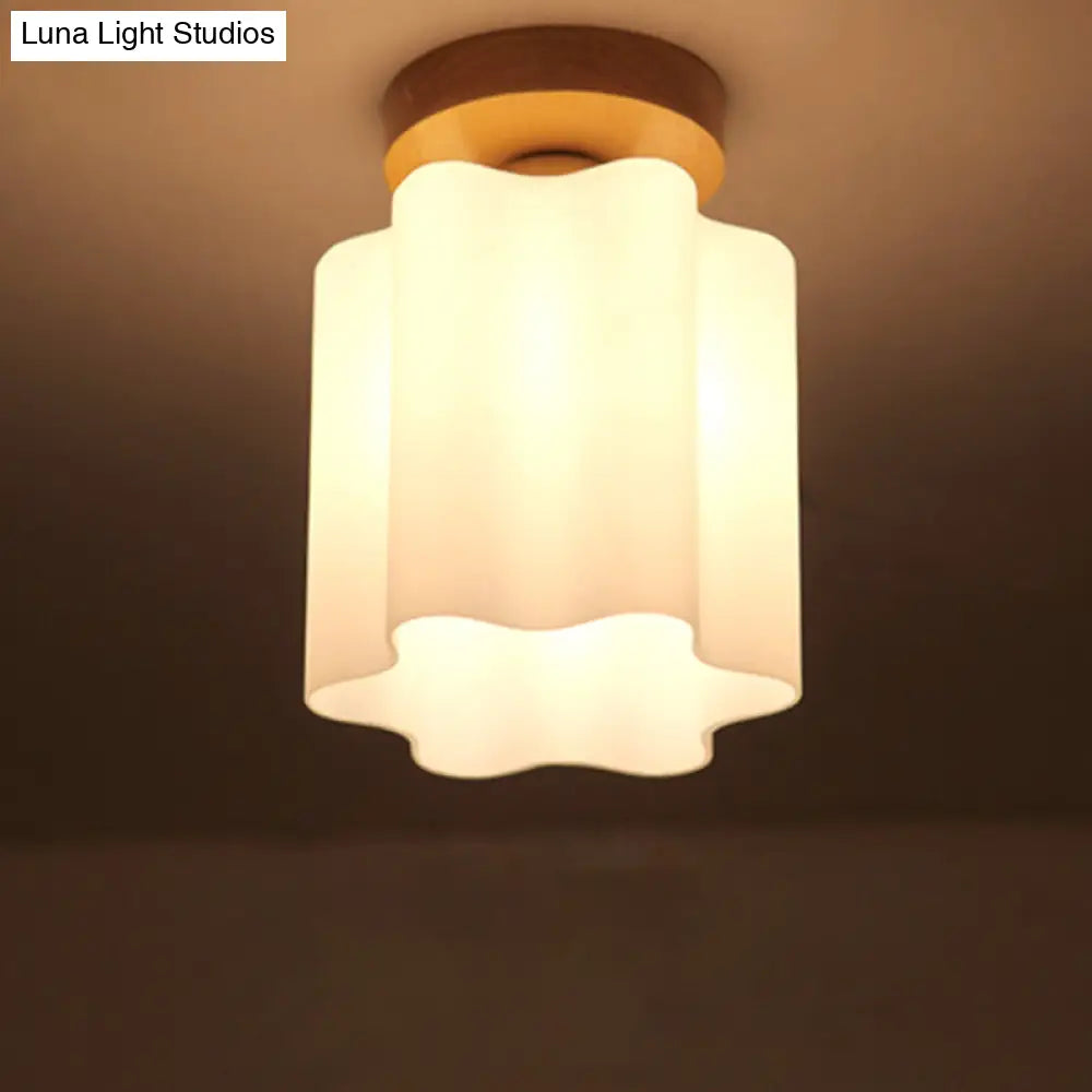 Minimalism 1 Bulb Wood Flushmount Light For Corridor - Milky Glass Prism Floral Ceiling Flush