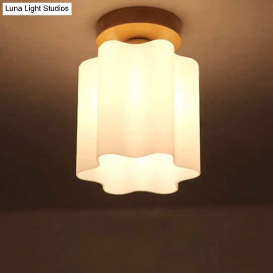 Minimalism 1 Bulb Wood Flushmount Light For Corridor - Milky Glass Prism Floral Ceiling Flush