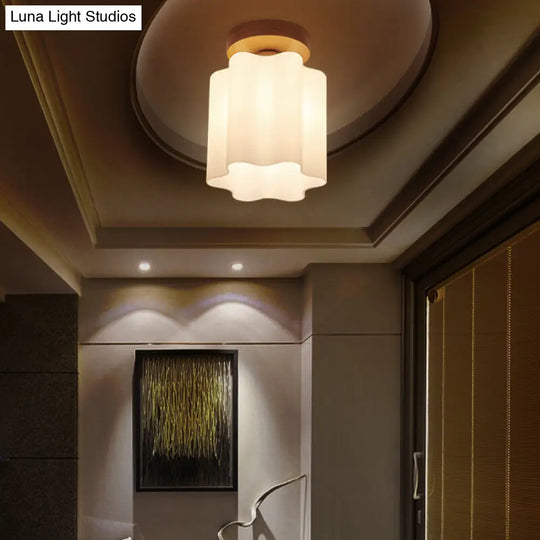 Minimalism 1 Bulb Wood Flushmount Light For Corridor - Milky Glass Prism Floral Ceiling Flush