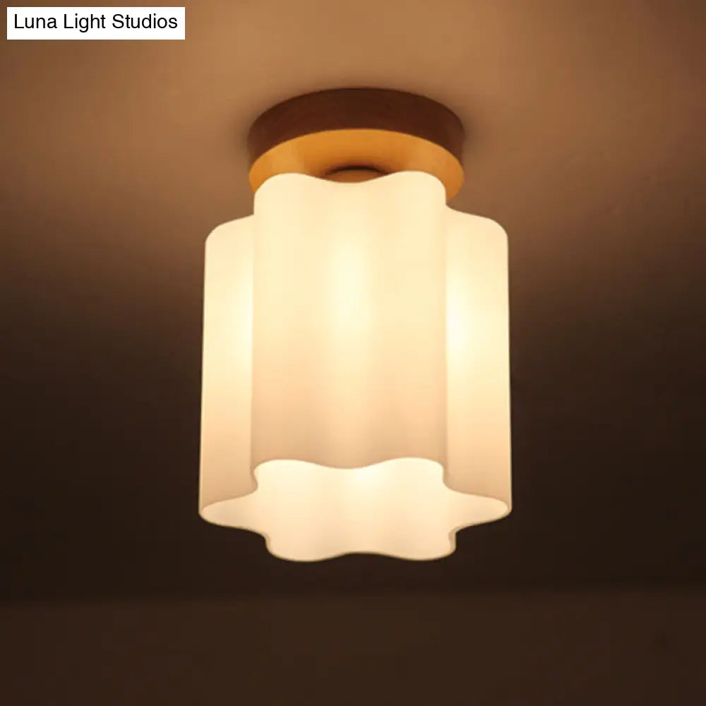 Minimalism 1 Bulb Wood Flushmount Light For Corridor - Milky Glass Prism Floral Ceiling Flush