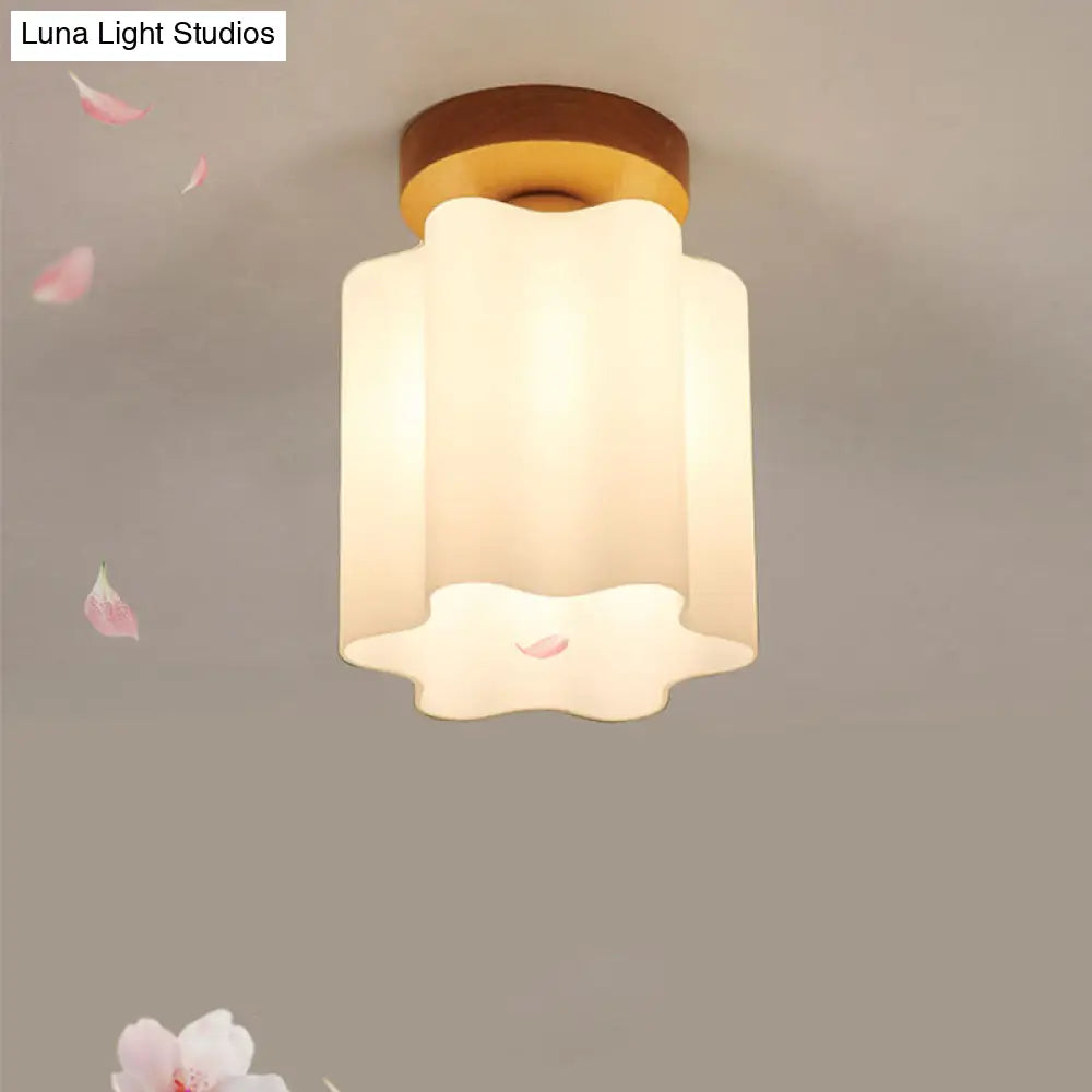 Minimalism 1 Bulb Wood Flushmount Light For Corridor - Milky Glass Prism Floral Ceiling Flush