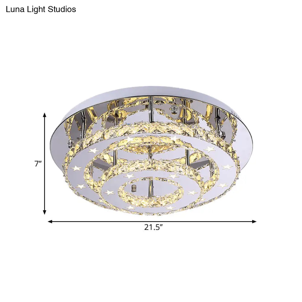 Minimalism Led Chrome Tiered Circle Ceiling Flush Mount With Crystal Shade In Warm/White Light