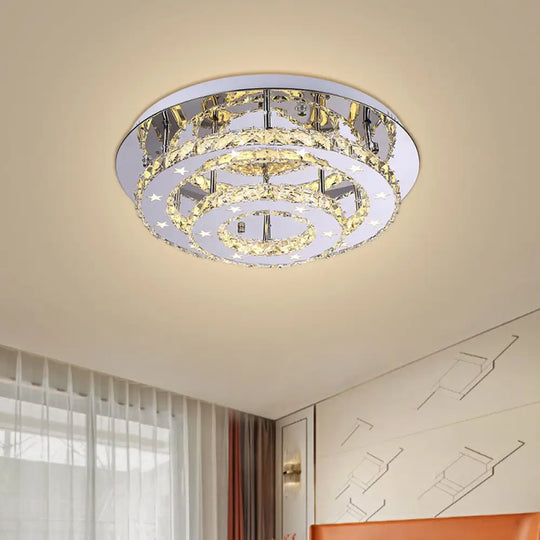 Minimalism Led Chrome Tiered Circle Ceiling Flush Mount With Crystal Shade In Warm/White Light /