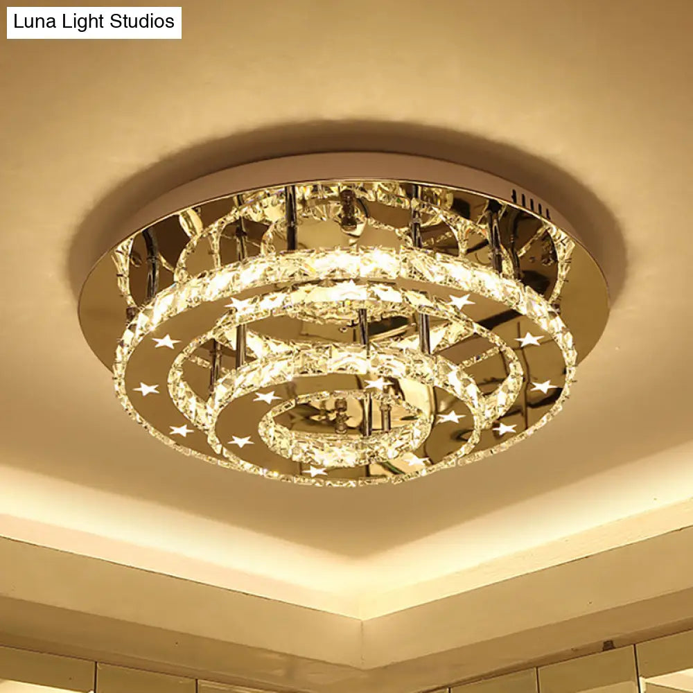 Minimalism Led Chrome Tiered Circle Ceiling Flush Mount With Crystal Shade In Warm/White Light