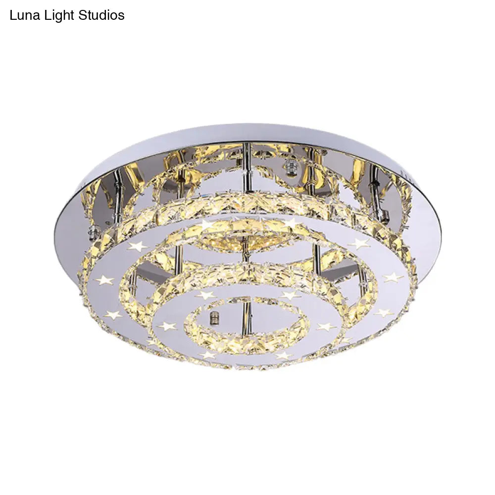 Minimalism Led Chrome Tiered Circle Ceiling Flush Mount With Crystal Shade In Warm/White Light