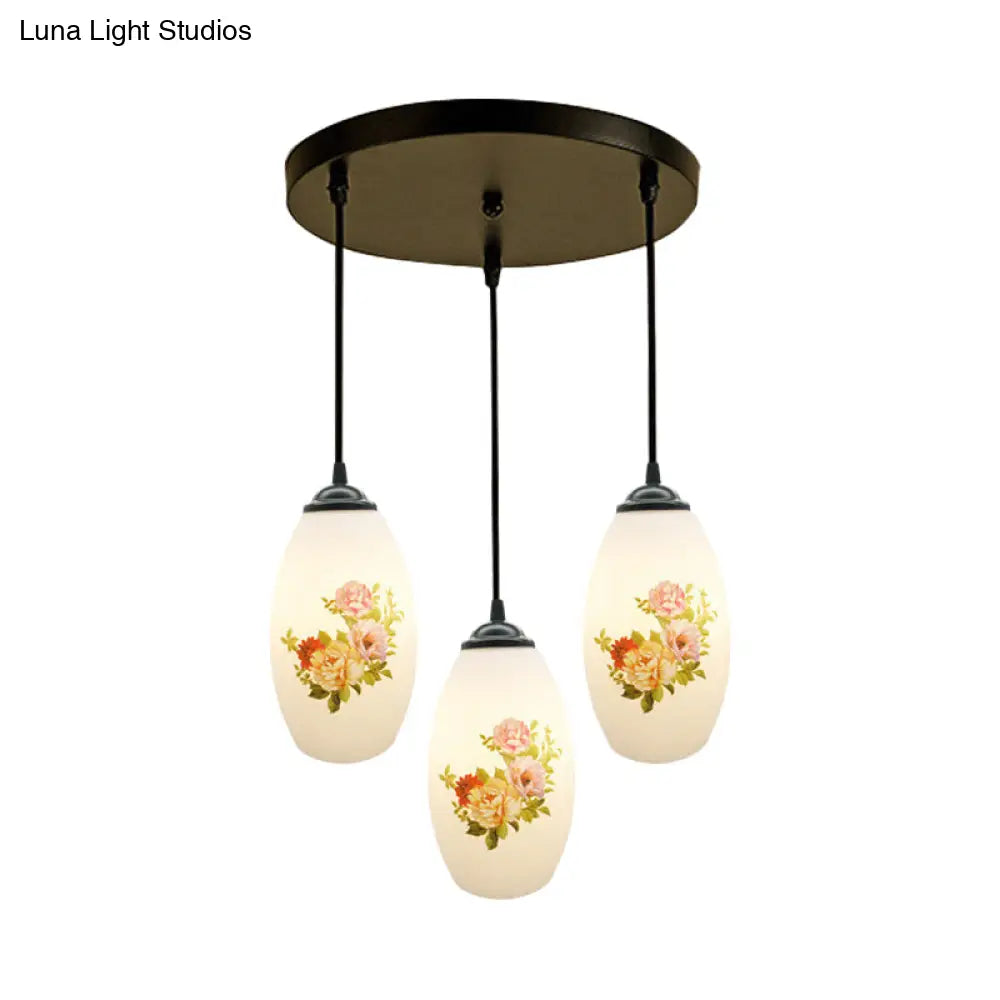 Minimalism Oval Multi Lamp Pendant - 3 White Frosted Glass Heads Black Suspension Light