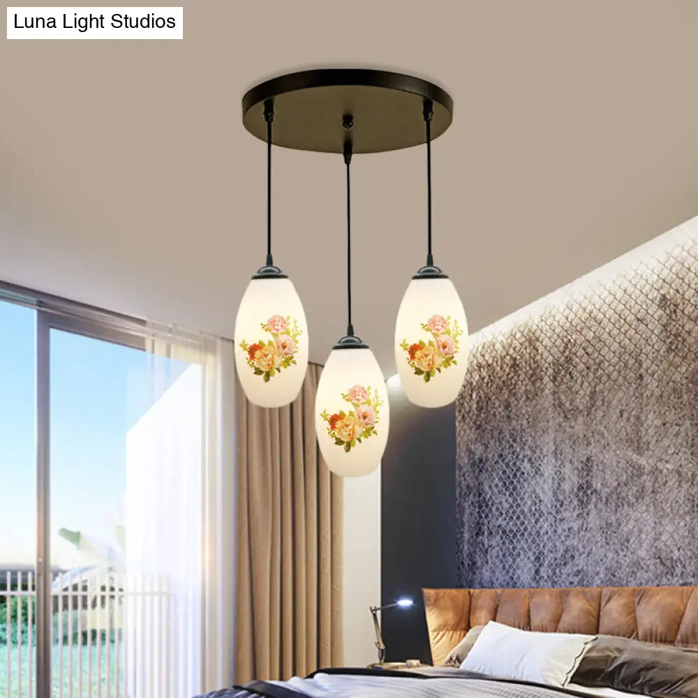 Minimalism Oval Multi Lamp Pendant - 3 White Frosted Glass Heads Black Suspension Light