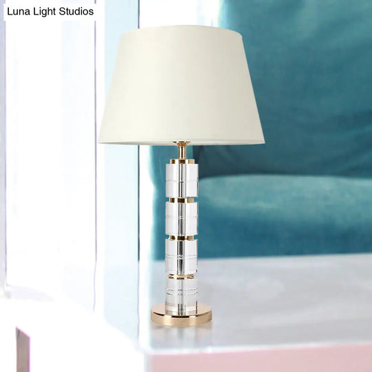 Minimalist 1-Bulb Table Lamp With White Column Design Clear K9 Crystal For Living Room