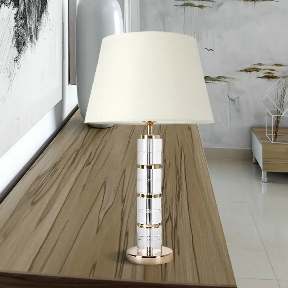 Minimalist 1-Bulb Table Lamp With White Column Design Clear K9 Crystal For Living Room