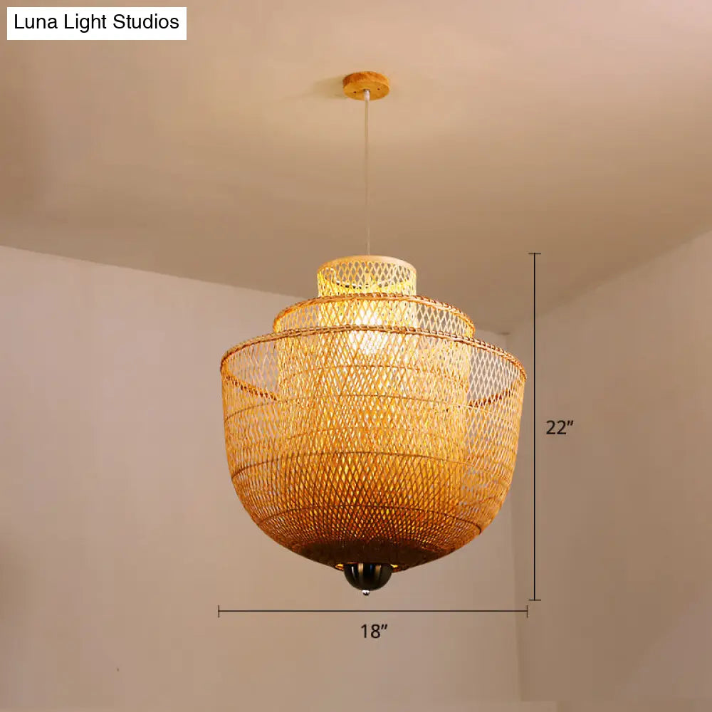 Minimalist Bamboo Pendant Ceiling Light - Layered Wood Suspension Lighting For Tea Room / 18 A