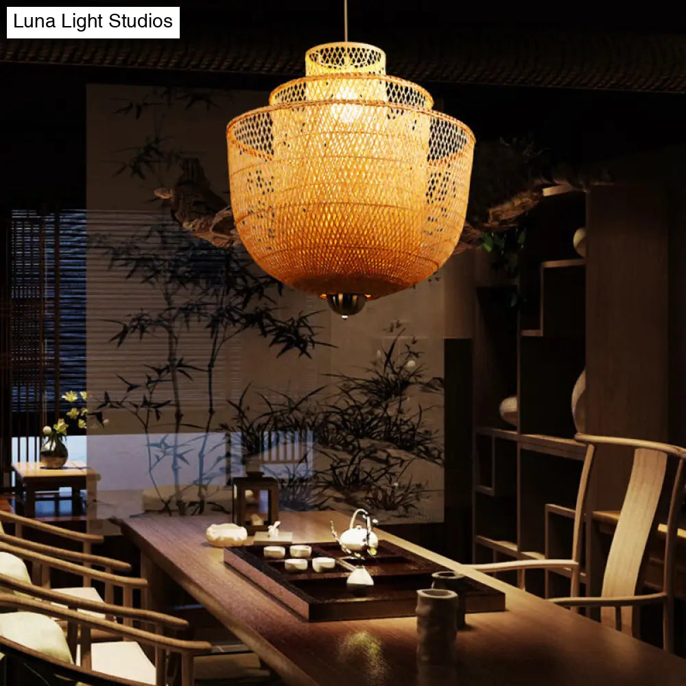 Minimalist Bamboo Pendant Ceiling Light - Layered Wood Suspension Lighting For Tea Room