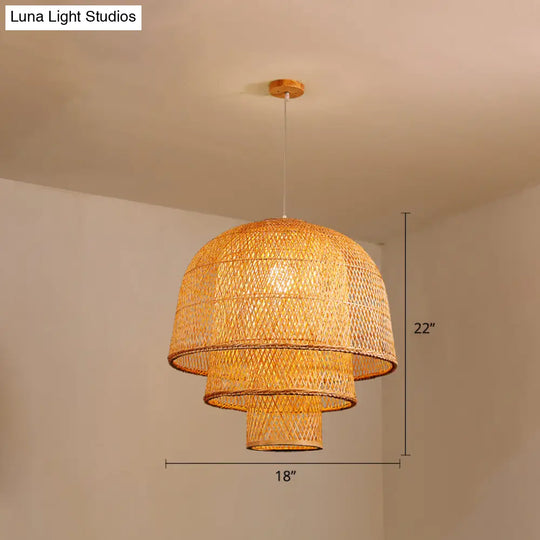 Minimalist Bamboo Pendant Ceiling Light - Layered Wood Suspension Lighting For Tea Room / 18 B