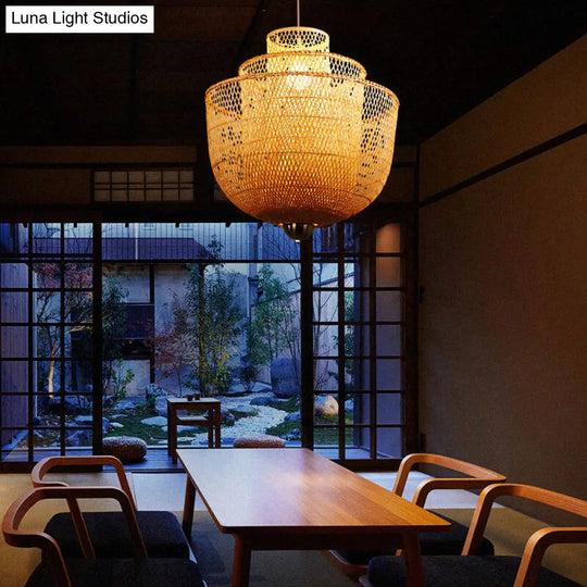 Minimalist Bamboo Pendant Ceiling Light - Layered Wood Suspension Lighting For Tea Room